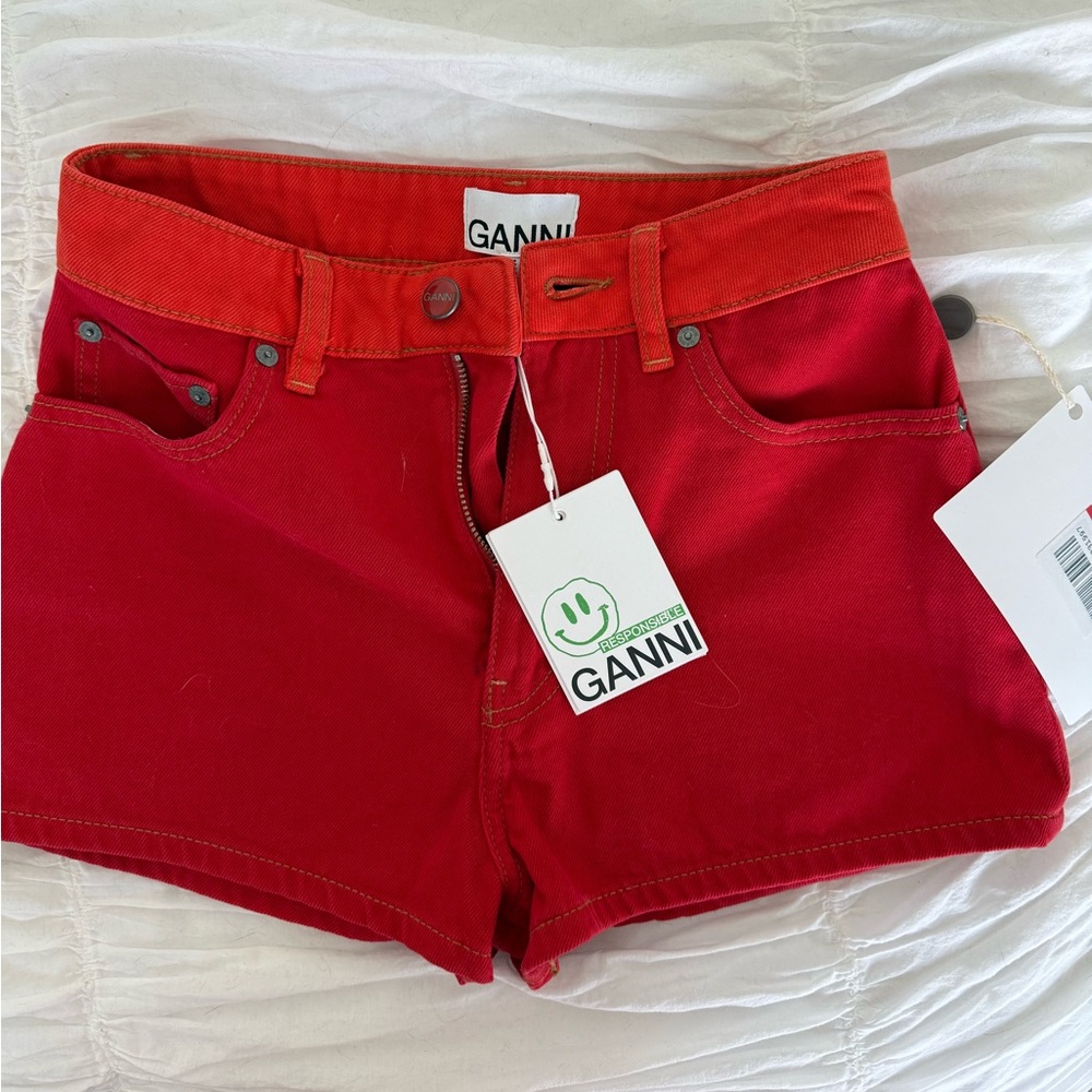 Ganni Contrast Red Denim Shorts